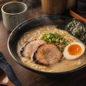 Japanese tonkotsu ramen with creamy pork broth, noodles, chashu, soft egg, nori, and scallions.