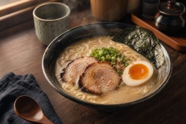 Japanese tonkotsu ramen with creamy pork broth, noodles, chashu, soft egg, nori, and scallions.