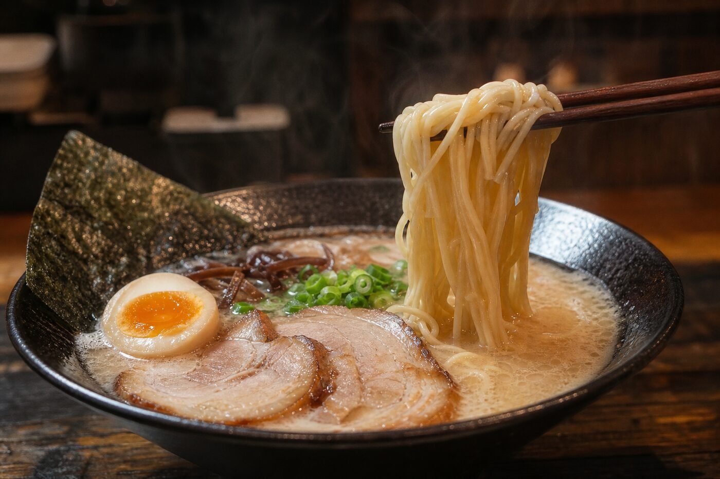 Noodles lifted from Japanese tonkotsu ramen beside chashu pork, egg, nori, and scallions.