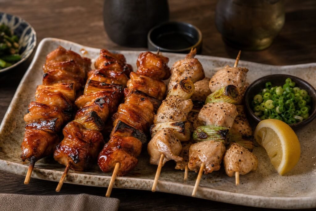 Japanese yakitori chicken skewers with tare glaze, scallions, and lemon on a ceramic platter.