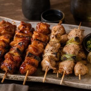 Japanese yakitori chicken skewers with tare glaze, scallions, and lemon on a ceramic platter.