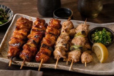 Japanese yakitori chicken skewers with tare glaze, scallions, and lemon on a ceramic platter.