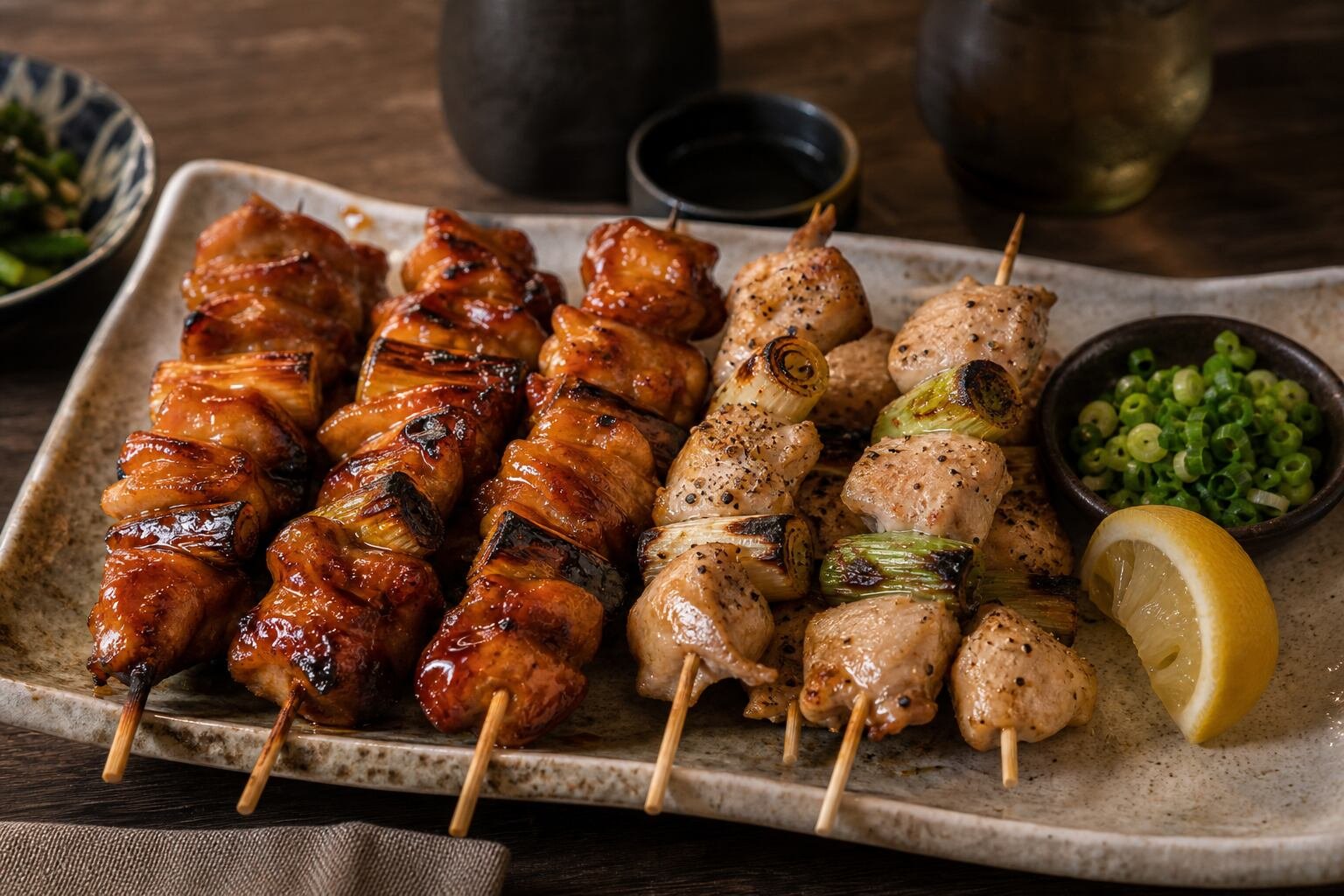 Japanese yakitori chicken skewers with tare glaze, scallions, and lemon on a ceramic platter.