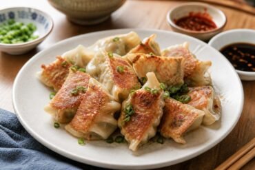 Pan-seared Chinese jiaozi dumplings with pleated wrappers and soy-vinegar dipping sauce.
