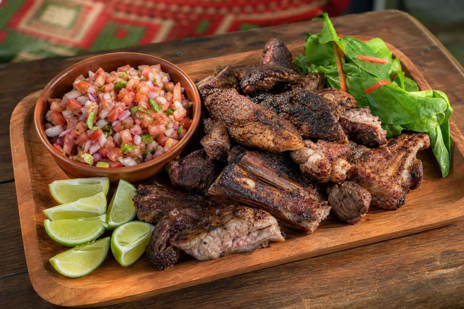 A platter of Kenyan nyama choma grilled meat with kachumbari, greens, and lime.