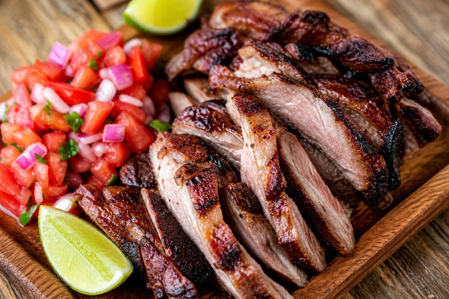 Sliced smoky nyama choma served with kachumbari and a lime wedge.