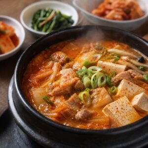 Steaming Korean kimchi jjigae with kimchi, tofu, pork, scallions, and mushrooms in a black stone bowl.