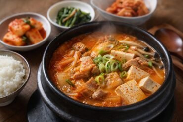 Steaming Korean kimchi jjigae with kimchi, tofu, pork, scallions, and mushrooms in a black stone bowl.