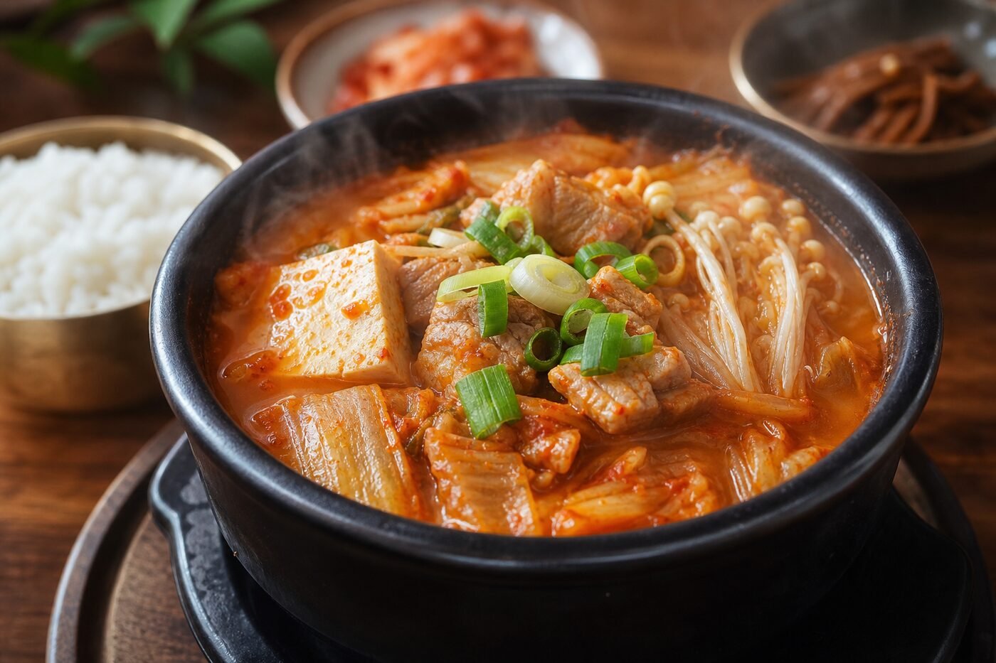 Close-up of Korean kimchi jjigae with tender tofu, pork, kimchi, scallions, and mushrooms.
