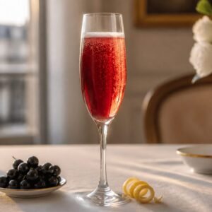 A ruby-red French Kir Royale sparkling cocktail in a flute with blackcurrants and a lemon twist.