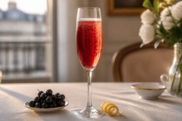 A ruby-red French Kir Royale sparkling cocktail in a flute with blackcurrants and a lemon twist.