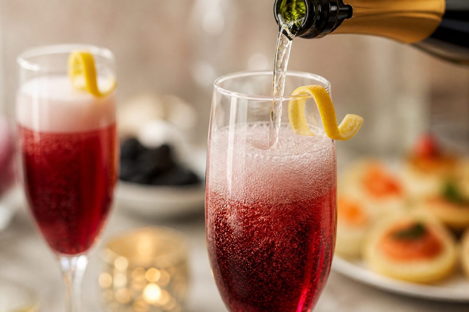 Sparkling wine being poured into a French Kir Royale over creme de cassis with fine bubbles and a lemon twist.