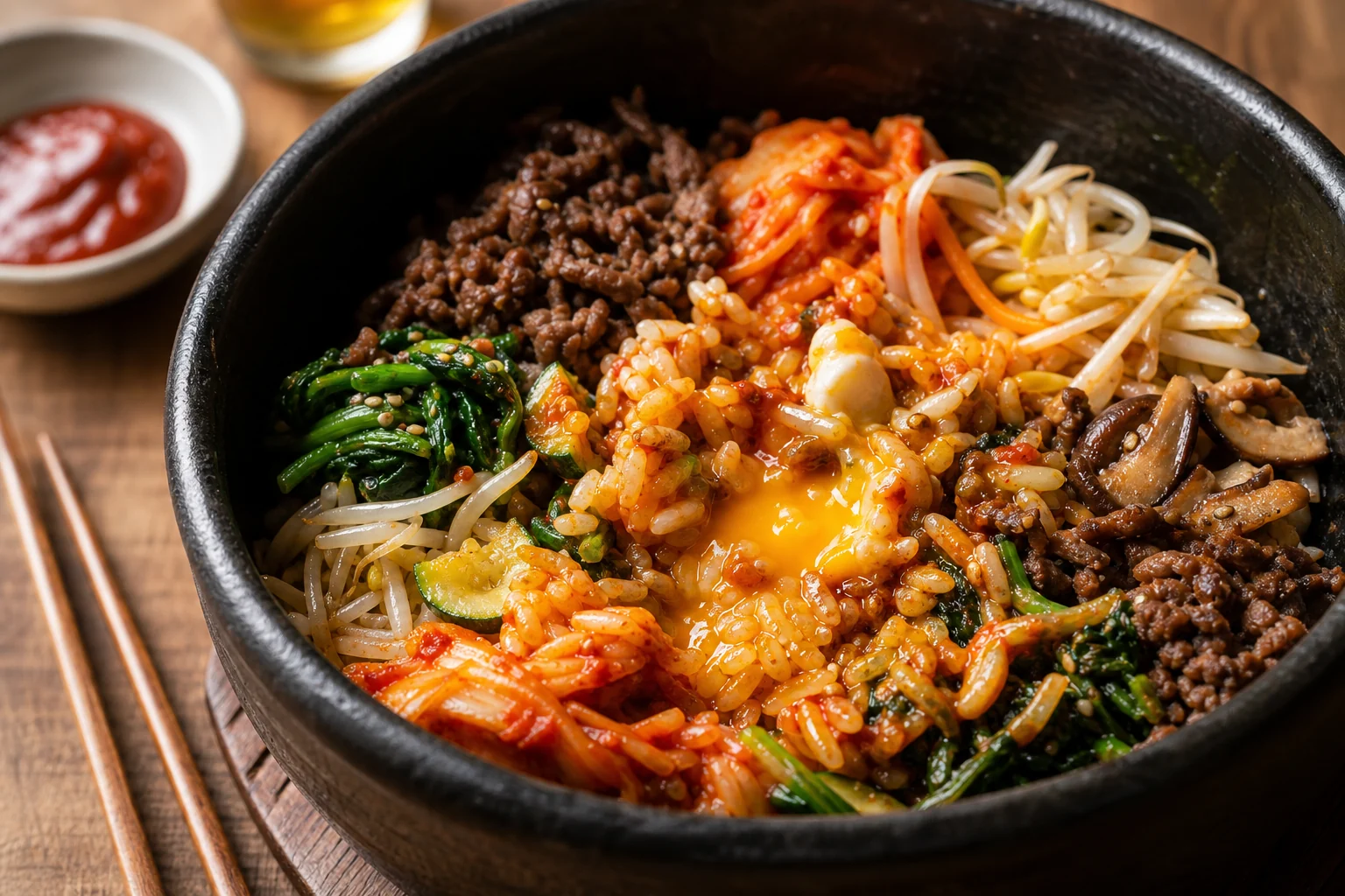 A close-up bowl of Korean bibimbap partly mixed with gochujang, beef, vegetables, rice, and a runny egg yolk.