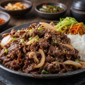 Glossy Korean bulgogi beef with onions, mushrooms, sesame seeds, scallions, and rice.