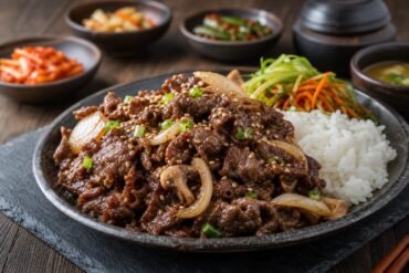Glossy Korean bulgogi beef with onions, mushrooms, sesame seeds, scallions, and rice.