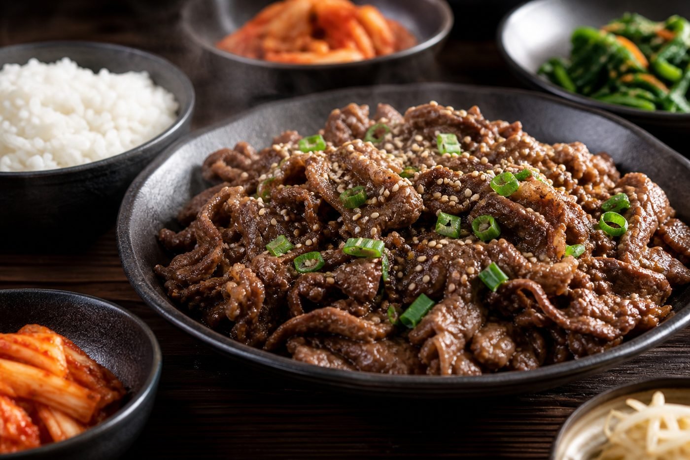 Close serving of Korean bulgogi with sesame, scallions, rice, and small banchan dishes.
