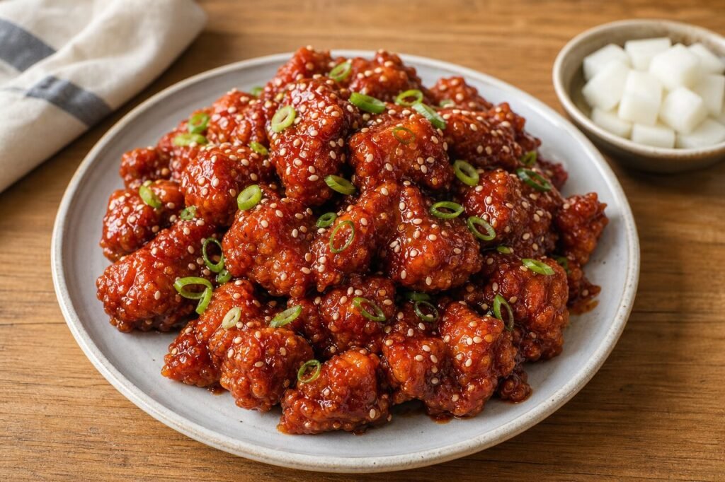 Crispy Korean fried chicken coated in glossy gochujang glaze with sesame seeds and scallions.