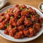 Crispy Korean fried chicken coated in glossy gochujang glaze with sesame seeds and scallions.