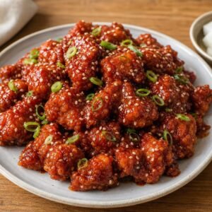 Crispy Korean fried chicken coated in glossy gochujang glaze with sesame seeds and scallions.