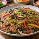 Korean japchae with glossy glass noodles, beef, colorful vegetables, mushrooms, and sesame seeds in a serving bowl.