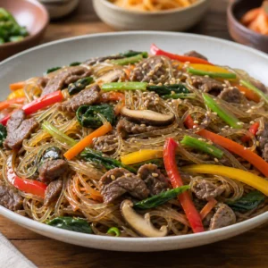 Korean japchae with glossy glass noodles, beef, colorful vegetables, mushrooms, and sesame seeds in a serving bowl.