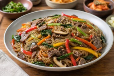 Korean japchae with glossy glass noodles, beef, colorful vegetables, mushrooms, and sesame seeds in a serving bowl.