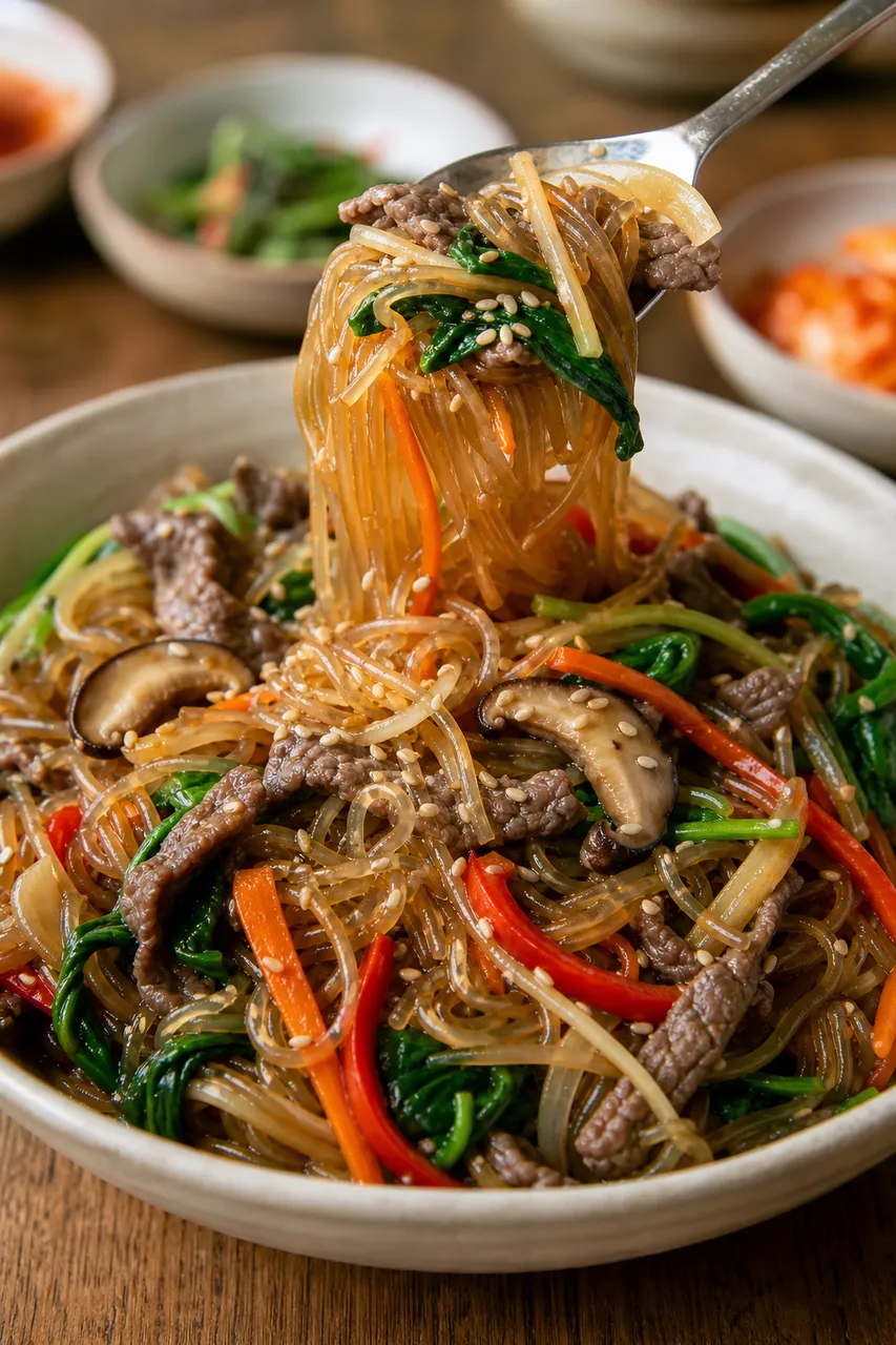 A close-up serving of Korean japchae with glass noodles, beef, spinach, mushrooms, carrots, peppers, and sesame seeds.
