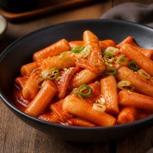 Glossy spicy Korean tteokbokki rice cakes with fish cake, scallions, and sesame in a black bowl.