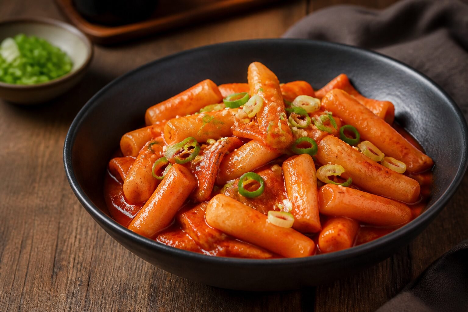 Glossy spicy Korean tteokbokki rice cakes with fish cake, scallions, and sesame in a black bowl.