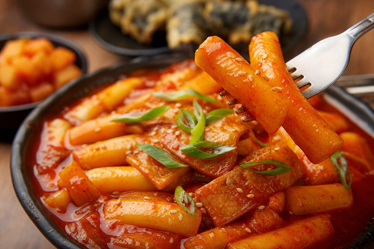 A close-up serving of Korean tteokbokki with a rice cake lifted from the glossy spicy sauce.
