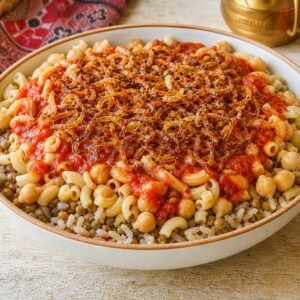 Egyptian koshari with rice, lentils, macaroni, chickpeas, tomato sauce, and crispy onions.