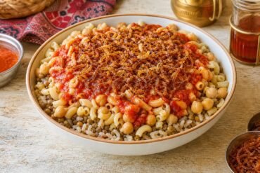 Egyptian koshari with rice, lentils, macaroni, chickpeas, tomato sauce, and crispy onions.