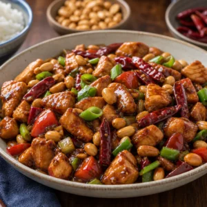 A bowl of Kung Pao chicken with peanuts, dried red chiles, scallions, bell peppers, and rice.