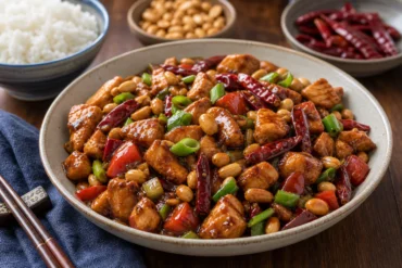 A bowl of Kung Pao chicken with peanuts, dried red chiles, scallions, bell peppers, and rice.