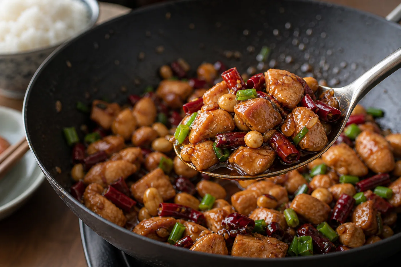 A spoon lifting glossy Kung Pao chicken with peanuts, dried red chiles, scallions, and sauce from a wok.