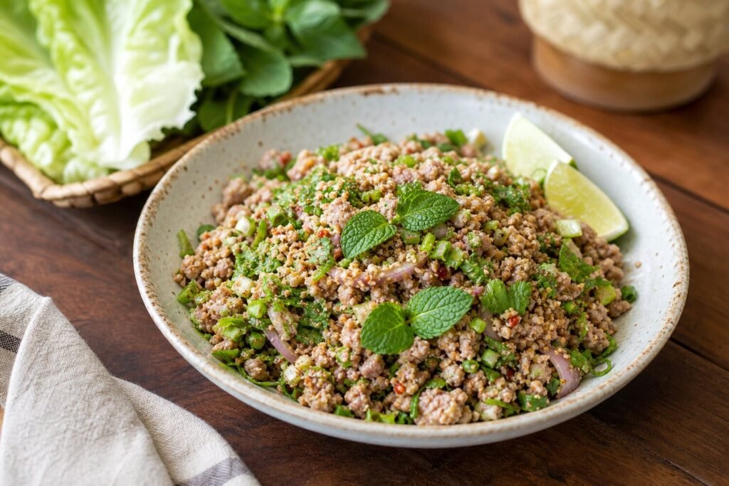 A bowl of Lao laap with minced meat, fresh herbs, toasted rice powder, and lime.