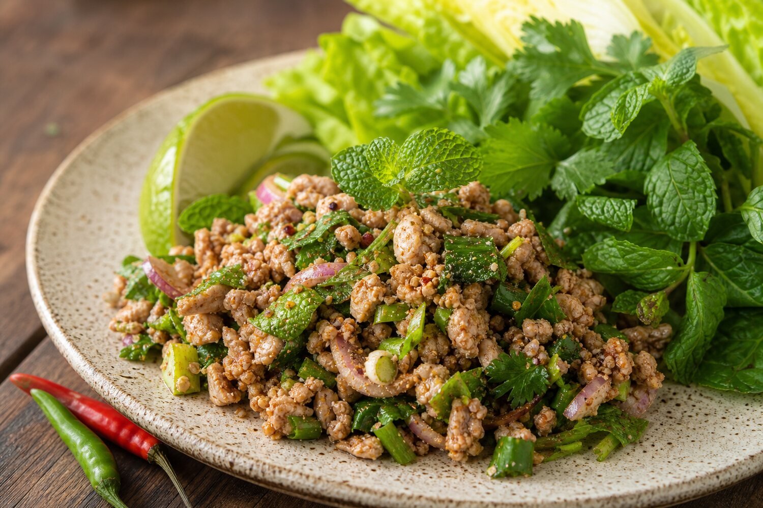 Close-up serving of Lao laap with mint, cilantro, toasted rice powder, and lime.