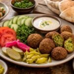 Crisp Lebanese falafel served with tahini, vegetables, pickles, and warm pita.