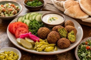 Crisp Lebanese falafel served with tahini, vegetables, pickles, and warm pita.