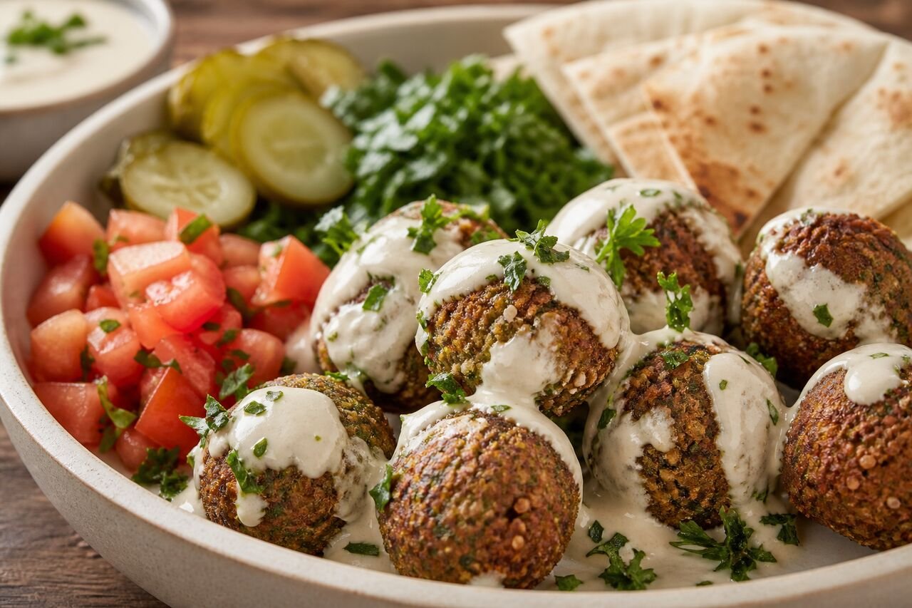 Lebanese falafel topped with tahini and parsley beside pita and pickles.