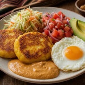 Golden Ecuadorian llapingachos with peanut sauce, fried egg, avocado, and curtido on a plate.