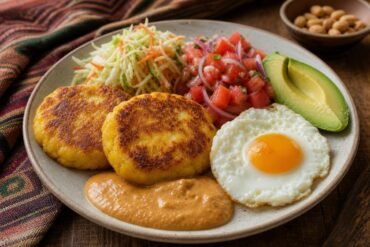 Golden Ecuadorian llapingachos with peanut sauce, fried egg, avocado, and curtido on a plate.