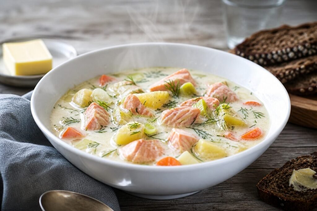 A bowl of Finnish Lohikeitto creamy salmon soup with potatoes, carrots, leeks, and dill.