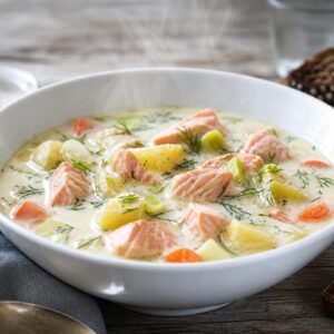 A bowl of Finnish Lohikeitto creamy salmon soup with potatoes, carrots, leeks, and dill.