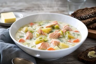A bowl of Finnish Lohikeitto creamy salmon soup with potatoes, carrots, leeks, and dill.