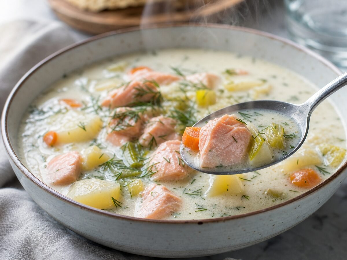 A spoonful of Finnish salmon soup showing flaky salmon, potato, carrot, leek, cream, and dill.