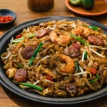 Malaysian char kway teow with smoky flat rice noodles, shrimp, Chinese sausage, egg, bean sprouts, scallions, and chili.