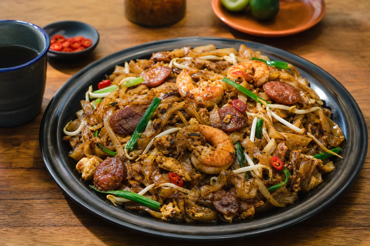 Malaysian char kway teow with smoky flat rice noodles, shrimp, Chinese sausage, egg, bean sprouts, scallions, and chili.