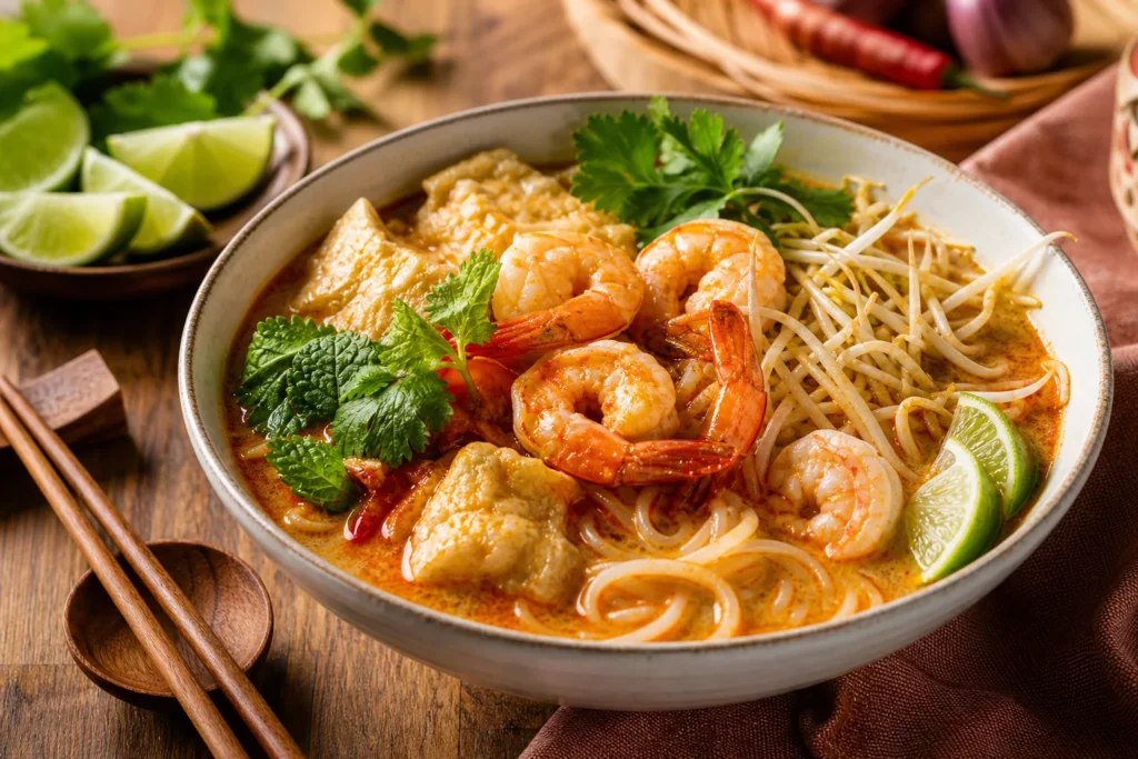 Malaysian laksa with prawns, rice noodles, tofu puffs, bean sprouts, herbs, lime, and coconut curry broth.