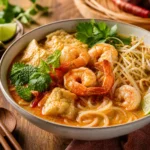 Malaysian laksa with prawns, rice noodles, tofu puffs, bean sprouts, herbs, lime, and coconut curry broth.